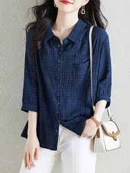 100% Cotton Women Casual Shirt New Arrival 2023 Korean Style Vintage Plaid Half Sleeve Loose Female Tops Shirts B3062