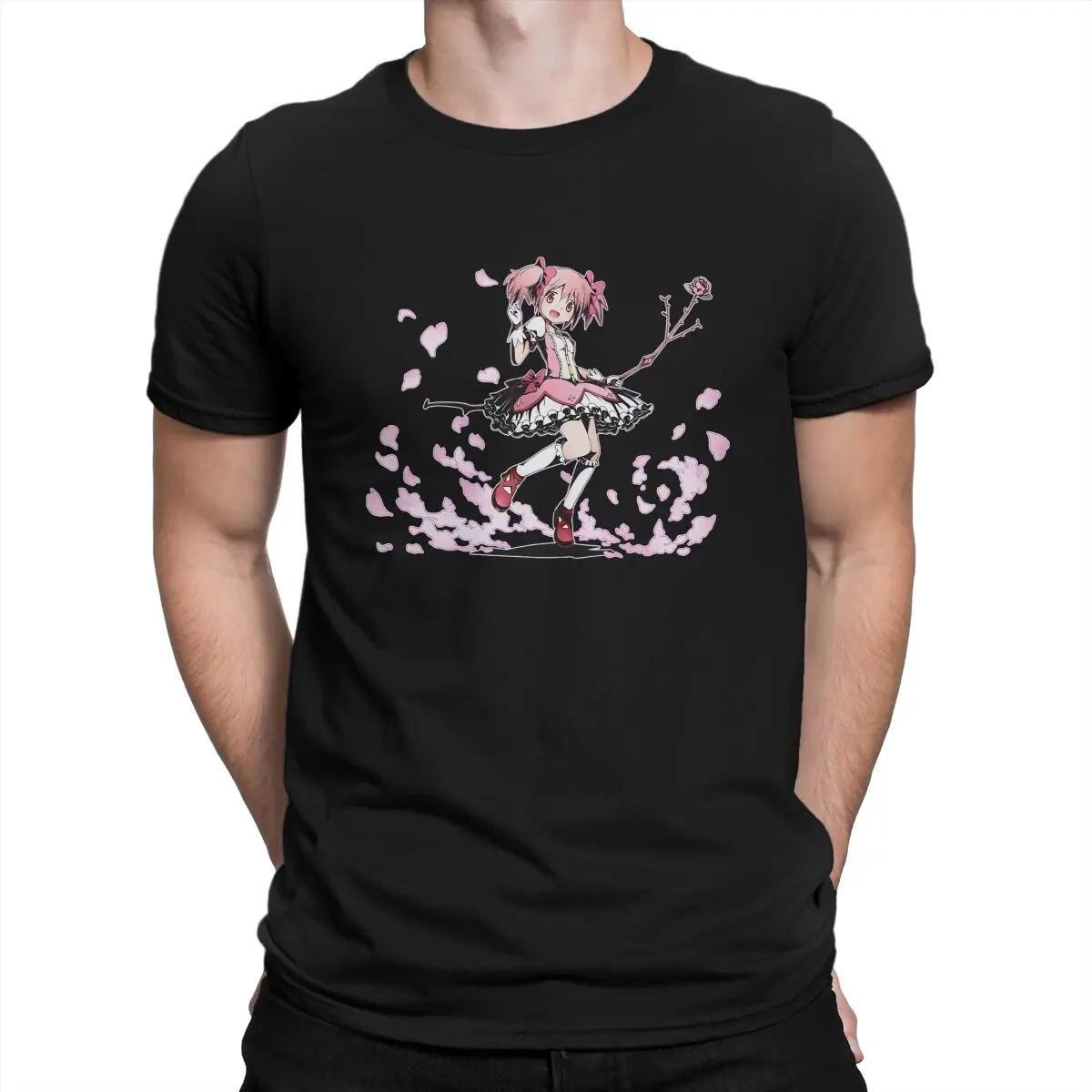 Pink Madoka Men's T Shirts Puella Magi Madoka Magica Anime Casual Tee Shirt Short Sleeve Crewneck T-Shirt Cotton Birthday