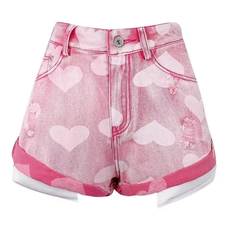 

Gagarich Pink Heart-shaped Pattern Turned Denim Shorts Women Summer 2025 Niche Design Sense High Waist A-line Wide Leg Hot Pants