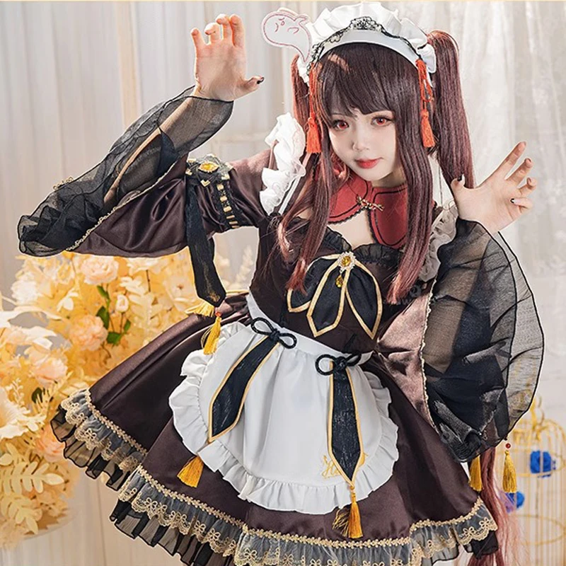 Hutao Costume Genshin Impact Creative maid Maid Coffee uniform lolita Dress female Halloween Cosplay B