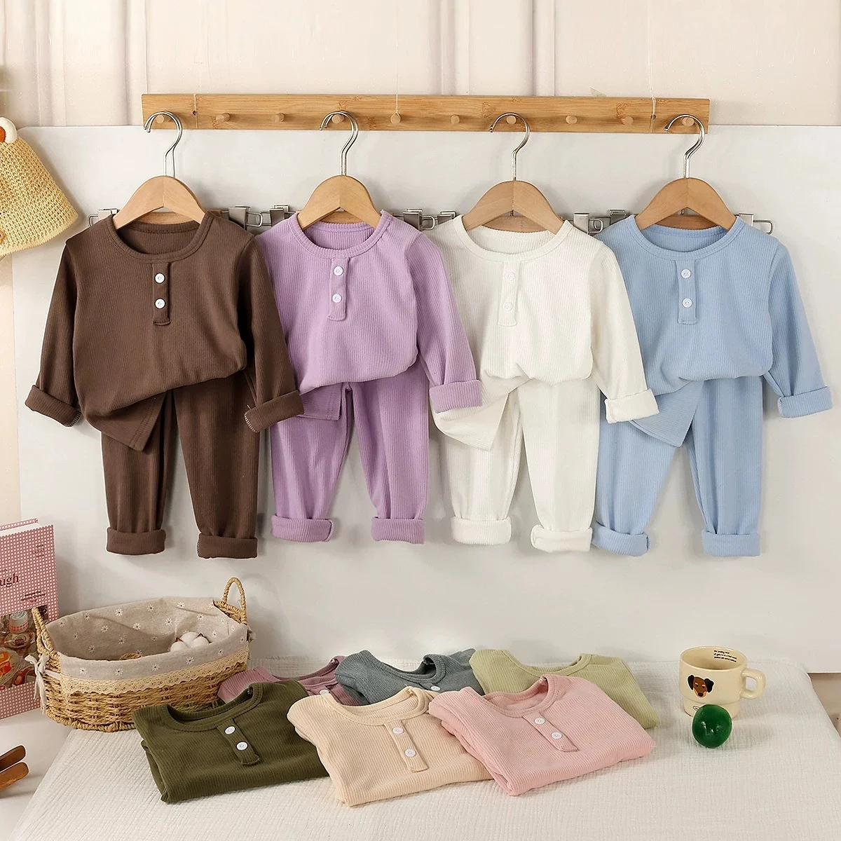 2026 Autumn Kids Underwear Set Knit Long Sleeves T Shirt+Pants Children Set Korean Style Kids Pajamas Suit for Boys Girls