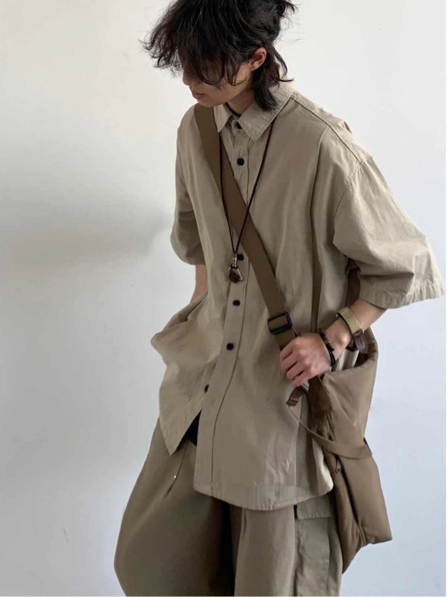 

Summer Vintage Japanese Sle Loose Men's ort Sve irt Casual Faionable Outerwear Cotton Polyester Blend Youth ular