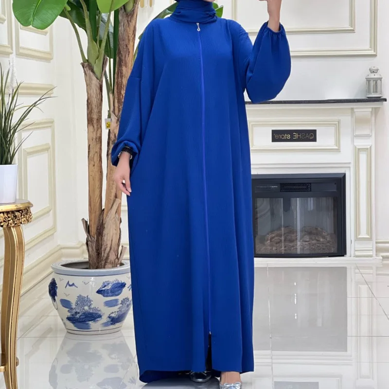 Solide marocain printemps Robe musulmane malais Simple fermeture éclair manches longues femmes Abayas Hijab ample col rond Robe Femme ample turquie caftan