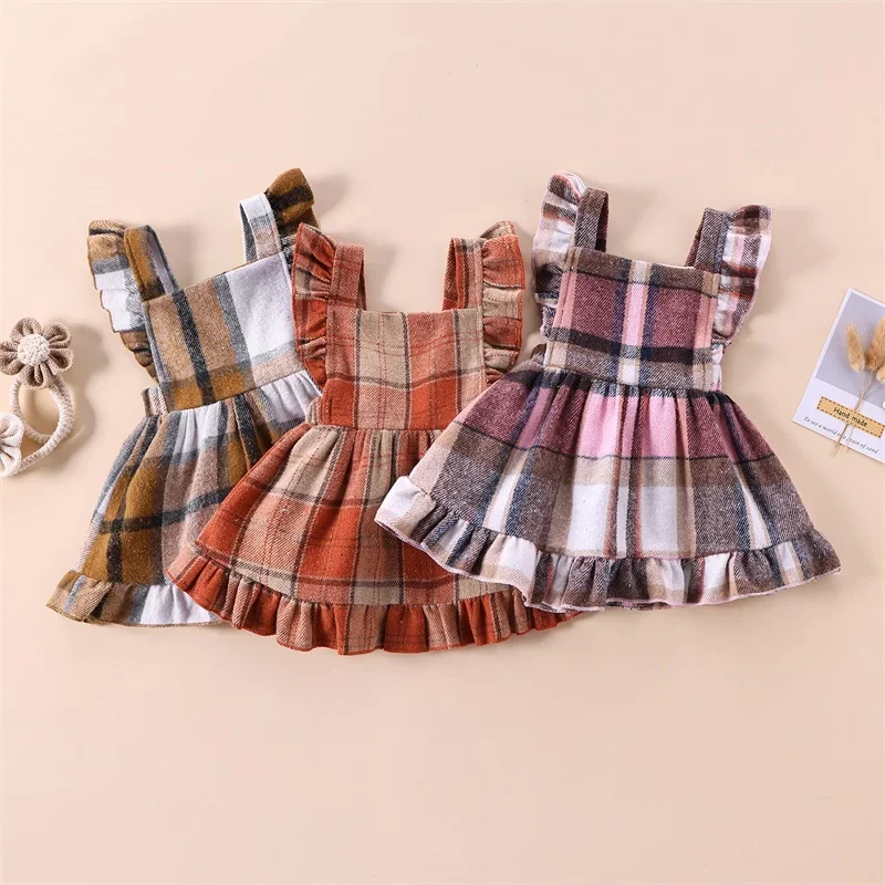 

Spring Summer Princess Newborn Baby Girls Casual A-line Dress Plaid Print Ruffles Sleeveles Suspender Dress for Toddler Kids