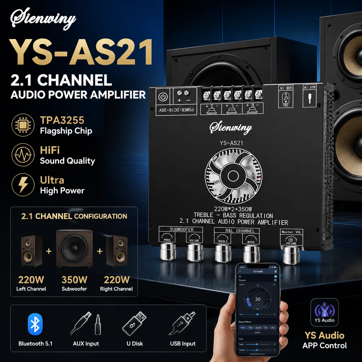 2.1-Kanal Bluetooth-Verstärkerplatine YS-HT21 YS-AS21 TDA7498E TPA3255 160/200W Stereo 220/350W Subwoofer für DIY-Lautsprecher Heim-Audio