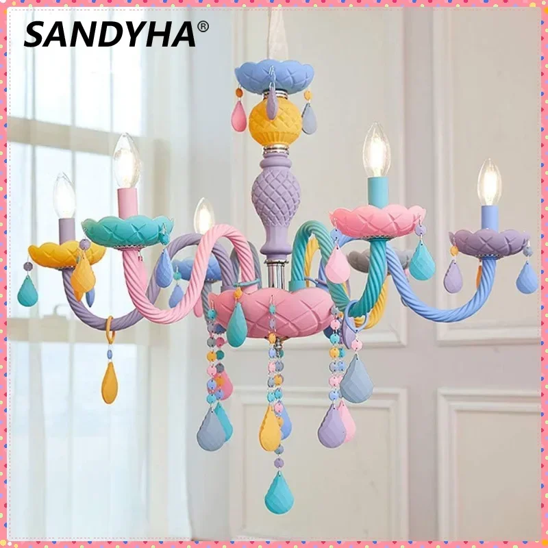 

Nordic Rainbow Candle Pendant Light Macaron Lampshade Princess Bedroom Decoration Children's Chandeliers for Living Room Lights