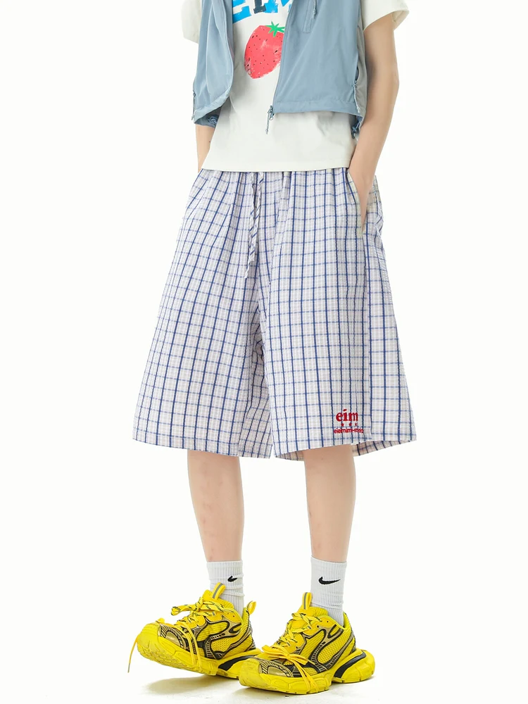 

Шорты из ледяного шелка в клетку, молодежные, повседневные, свободного кроя, с эластичным поясом, длина 7 дюймов, из смеси хлопка и полиэстера, для лета