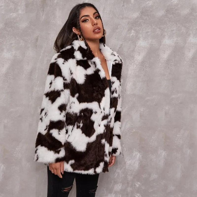 

Cow Print Winter Women Eco Fur Jacket Black White Suit Collar Mink Fur Outwear For Female Street Office Lady Imitaion Fur Coat