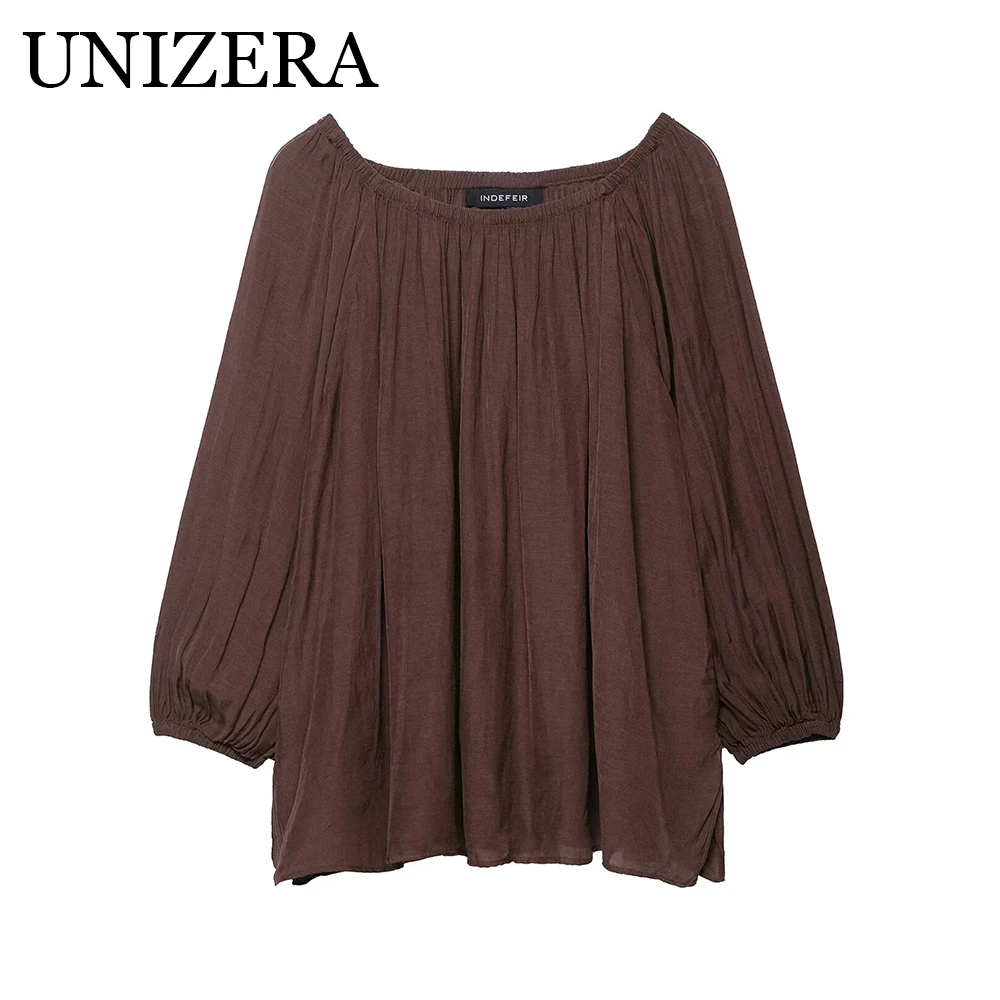 

Autumn New Product Women's Fashion Slant Neck Off Shoulder Bubble Long Sleeve Top Loose Shirt