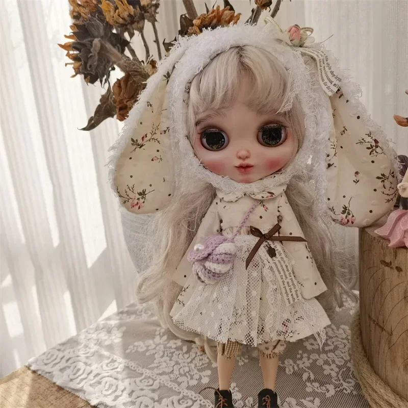 Handmade Doll Skirt Dress With Big Ear Rabbit Hat Doll Floral Patterned Dress For Blythes Ymy Licca Azones Ob24 Ob27 For Doll