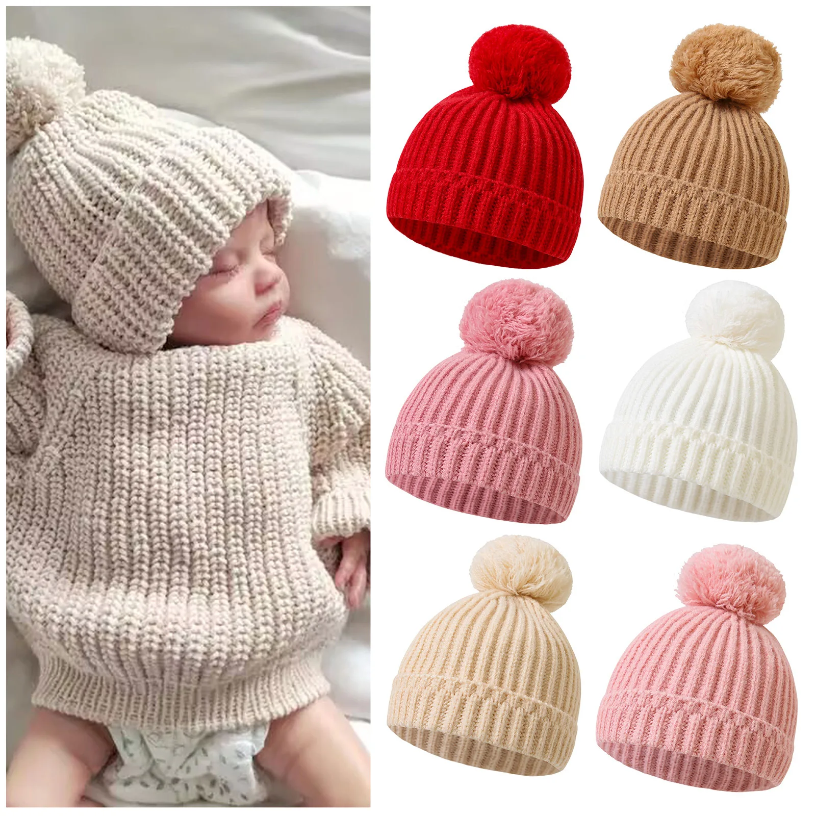 Winter Warm Knitted Newborn Baby Hats Girls Boys Unisex Soft Fluffy Knitted Hats Furry Balls Warm Cute Lovely Infant Beanie Caps