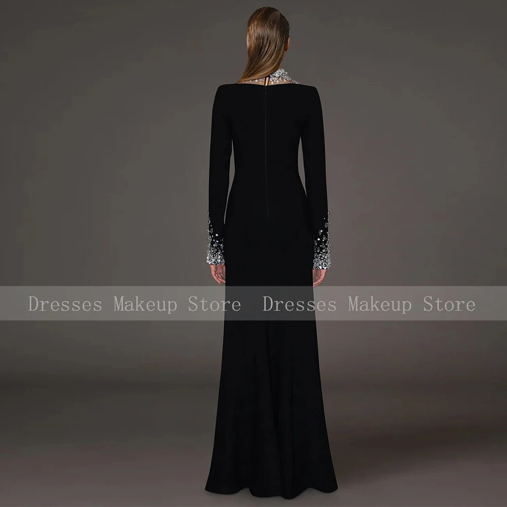 Luxury Black Evening Dress Jersey Rhinestone Women\'s Evening Gowns A-line High Collar Long Dresses 2024 Evening Dress