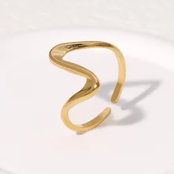 Vintage Geometric Wave Rings for Women Stainless Steel Gold Color Adjustable Rock Ring Aesthetic Wedding Jewelry Gift Bijoux