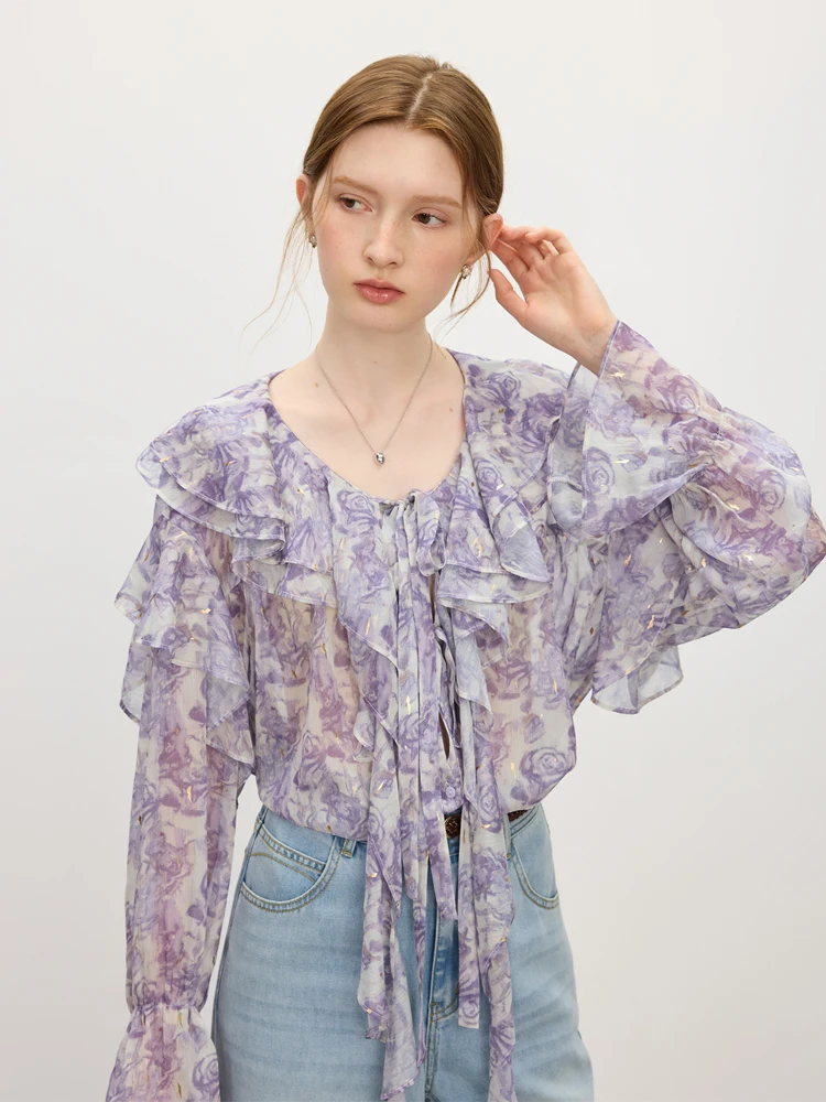 

Fansi Lanen Women's Long Sleeve Shirt with Lace Collar Commute Style Summer New Rose Print Top Korean Version Polyester Fiber