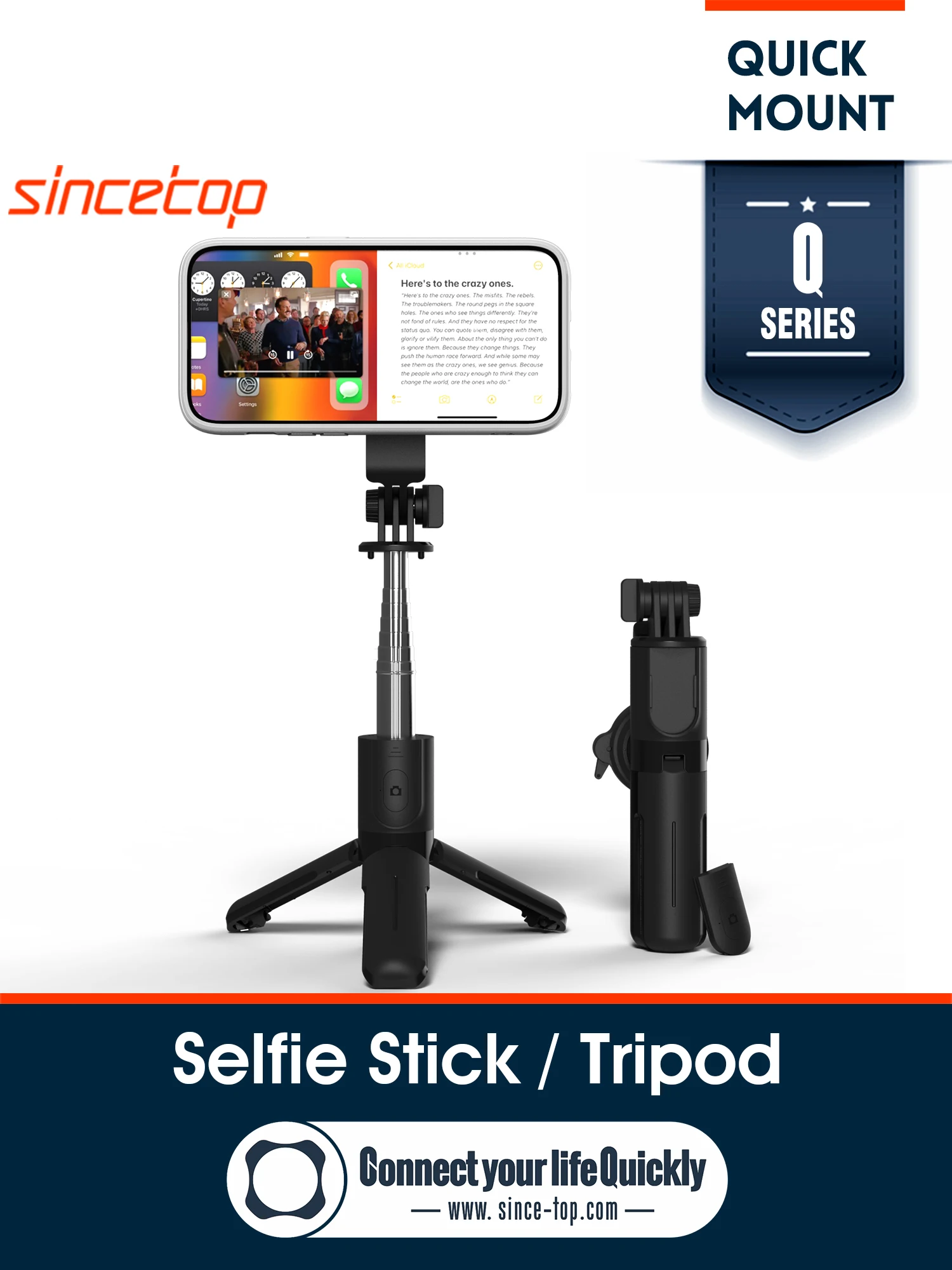 Cell Phone Selfie Stick Tripod Bluetooth Remote Wireless Phone Holder Stand with Quick Mount Series Q for Phone