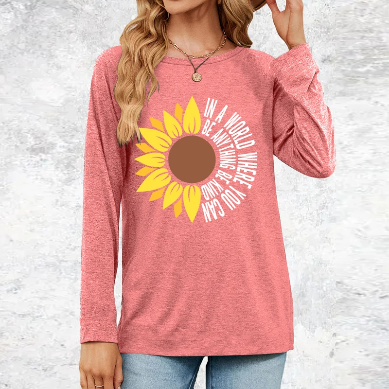 

Sunflower letter splicing fun print autumn and winter cotton printed long sleeved T-shirt top, women's shirt 100% cotton breatha