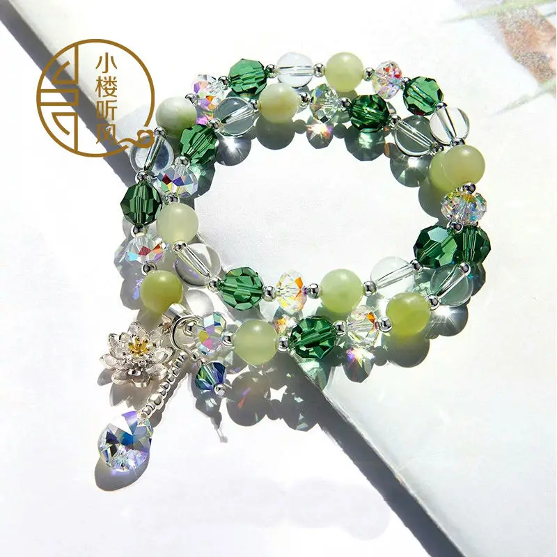 Double Circle Crystal Green High-end Bracelets New Chinese Beaded Hand String Women's Fresh Mori Style Accessories for Summer