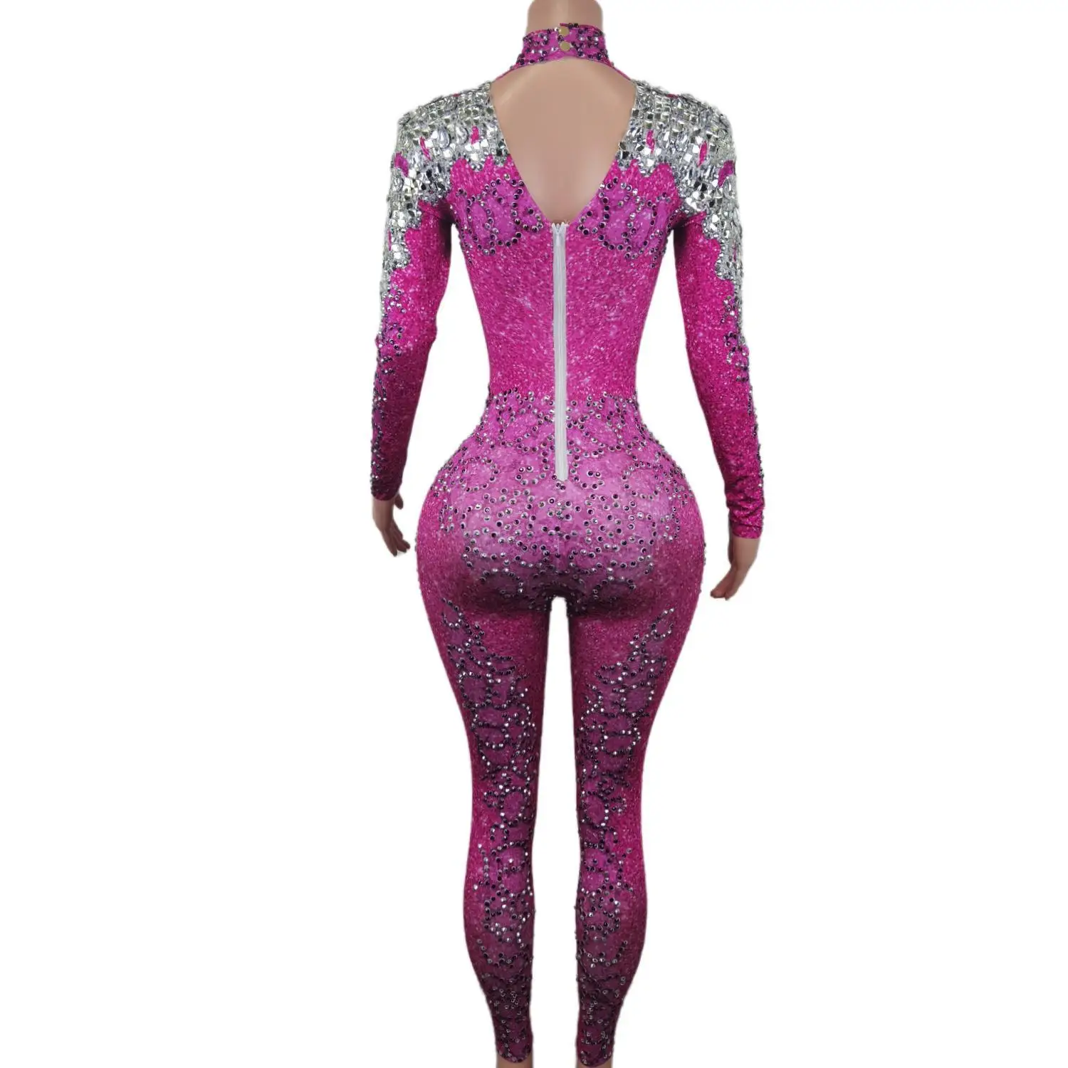 Sexy Pink High Necked and Backless One Piece Bodysuit Women Shining Rhinestone Performance Costumes Party Prom Bodycon Jumpsuits