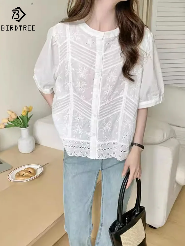 

New Summer Cotton Short Sleeve Shirt Stand Neck Lace Polka Dots Top Mori Girl Casual Fashion Loose Blouse 2024 Autumn T46132QM