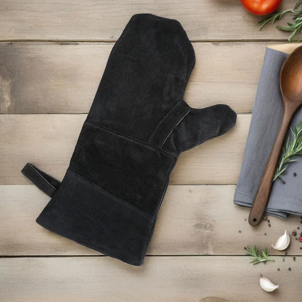 3Pcs Heat Resistant Oven Gloves Black Cowhide Double Layer Cotton Lining Kitchen Bbq Baking Grilling Mitts Finger Oven Mitts