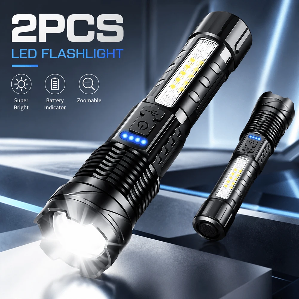 Super Bright LED Flashlight Powerful TYPE-C Rechargeable Powerful Flashlight with Side Light Torch for Outdoor Camping Hiking