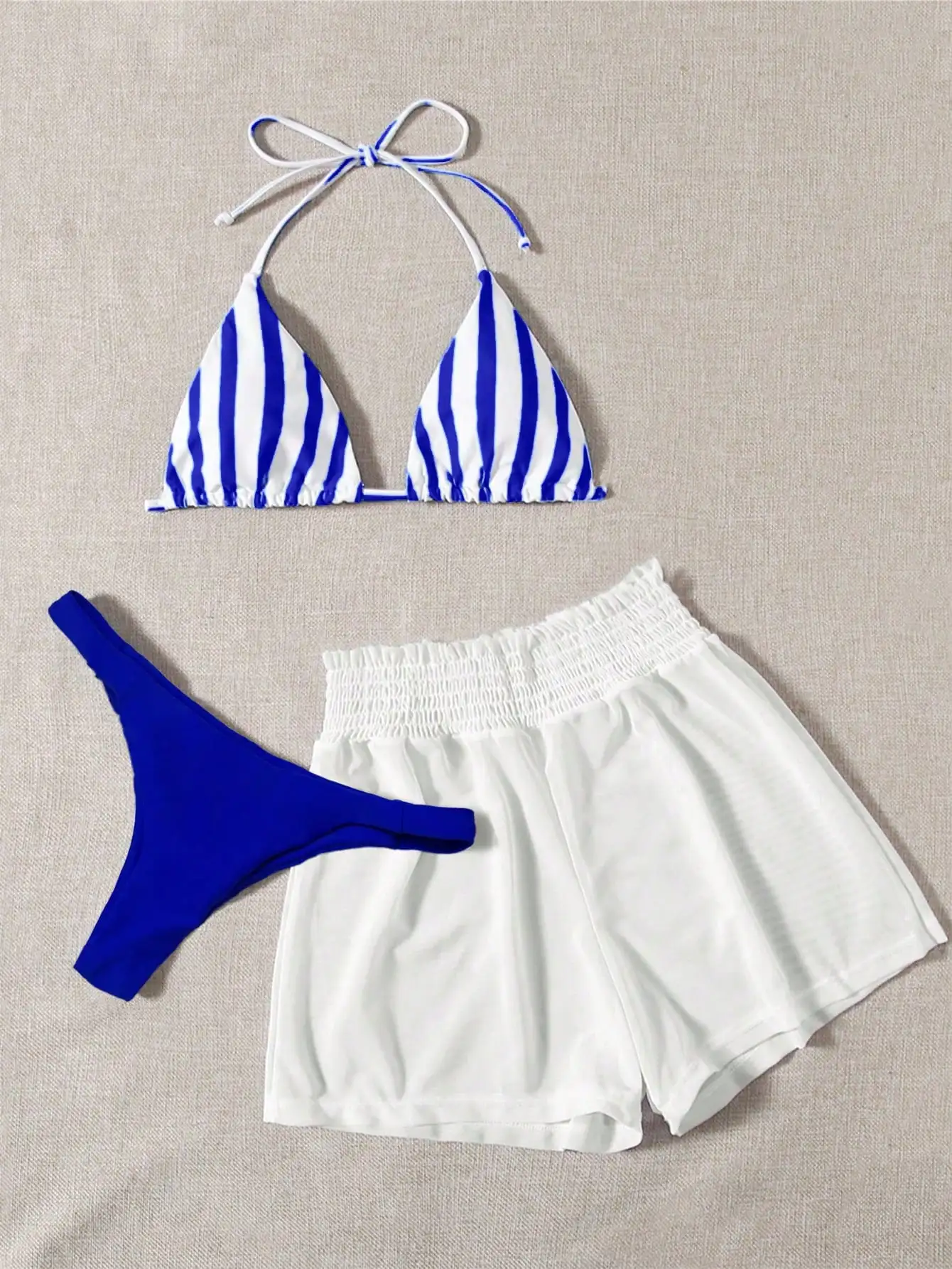 

3pcs Bikini Set Blue White Striped Halter Top Blue Bottom White Cover Up Shorts Beach Wear