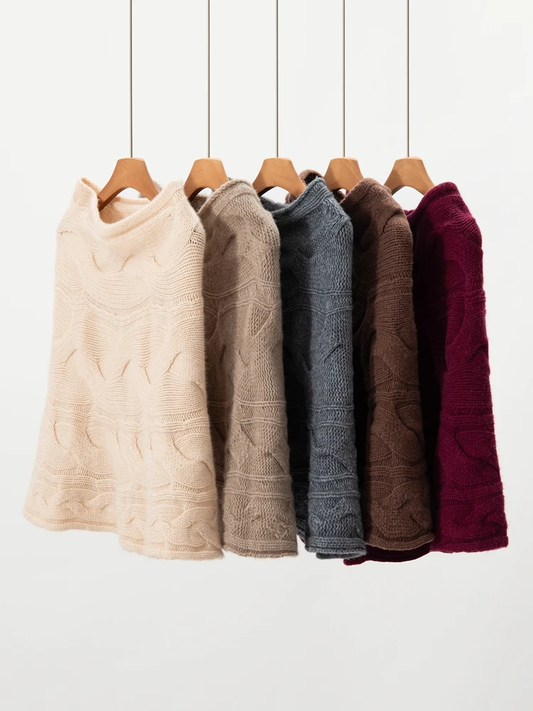 Thickened Turtle Neck Women 100% Cashmere Shawl Scarf Warm Autumn Winter Twist Flower Knit Cloak Temperament High Quality