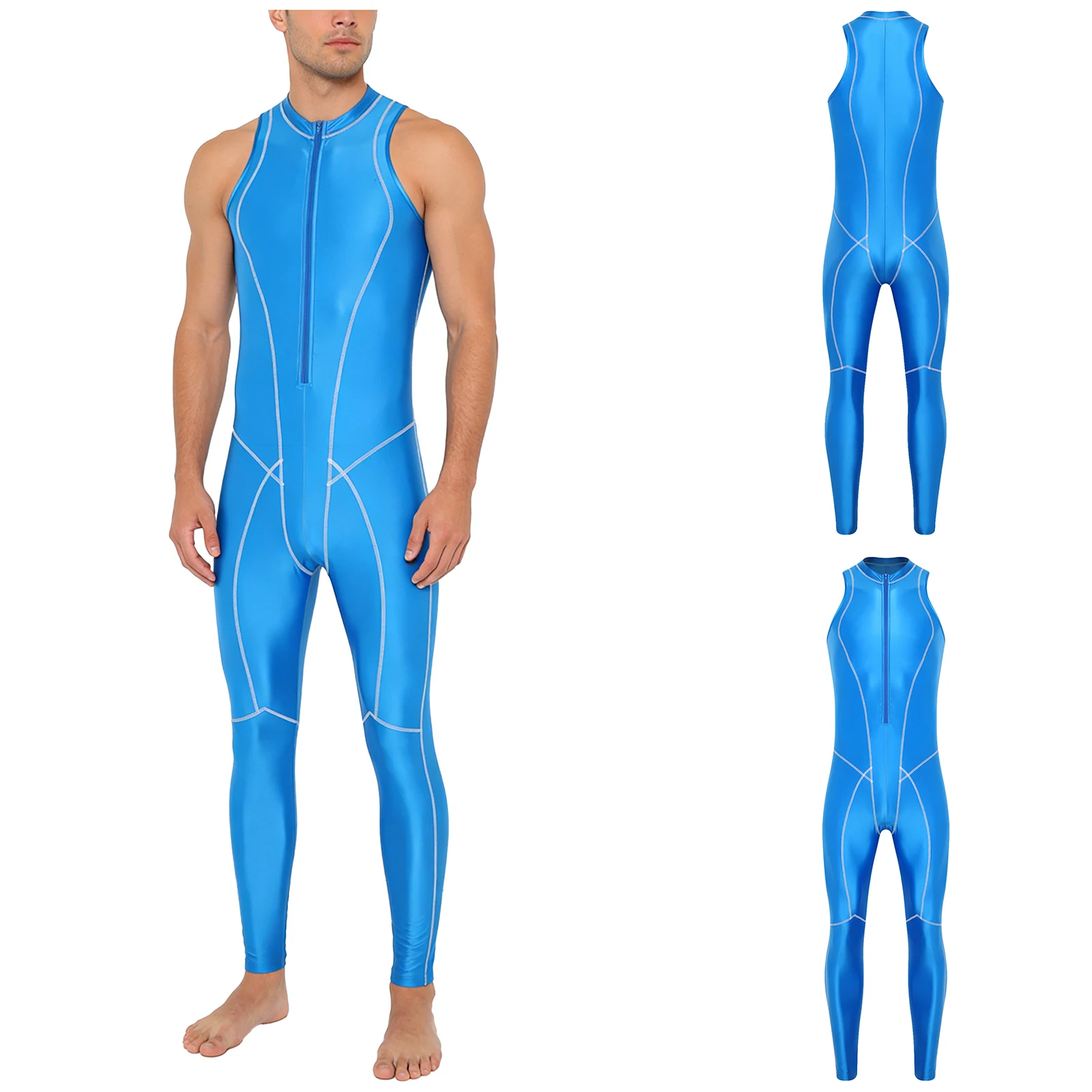 Ölglänzender Unitard-Badeanzug für Herren mit Reißverschluss vorne, ärmellose Leggings, Hose mit flachen Nähten, Jumpsuit, Rompers für Badebekleidung, Badeanzüge
