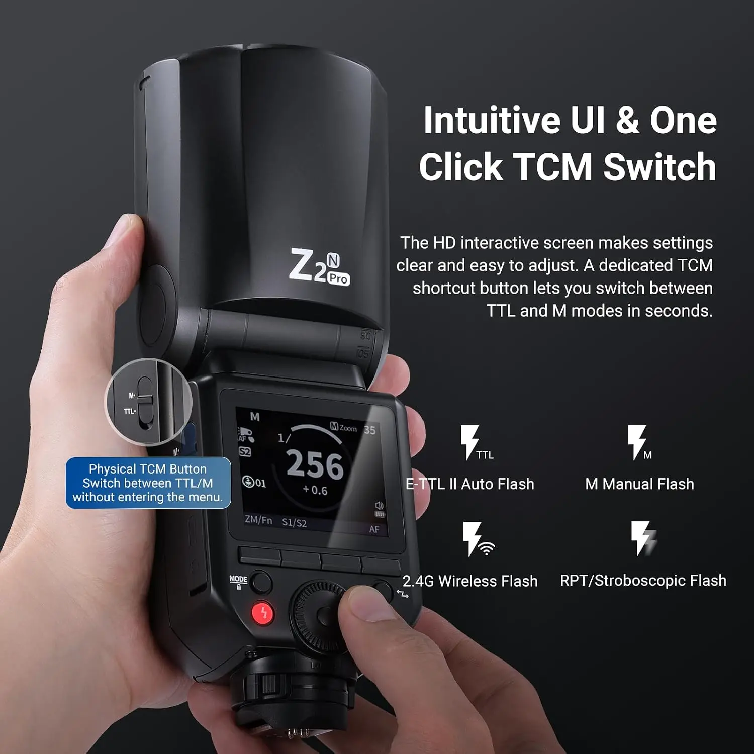 NEEWER Z2PRO 2.4G TTL Rundkopf-Blitzgerät, kompatibel mit Nikon, drahtlos kompatibel mit Godox, 76Ws 1/8000s HSS – Detail 2