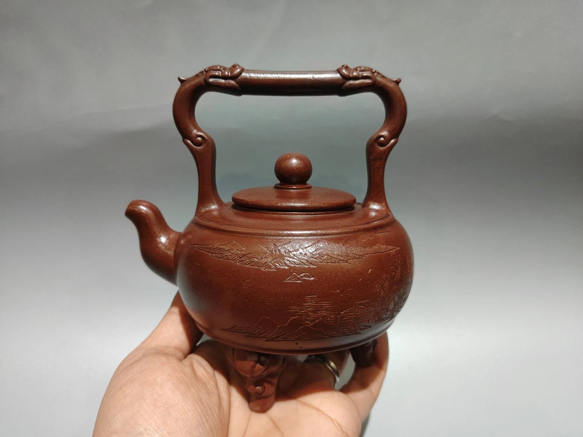 Purple Clay Pot 2 Dragon Beam Pot Landscape pattern Three legged pot Kettle Teapot Pot Tea