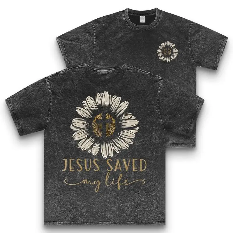 

[Everyday Comfort] "Jesus Saved My Life" Sunflower Graphic T-Shirt, Women's Casual Round Neck Short Sleeve Top, Comfortable