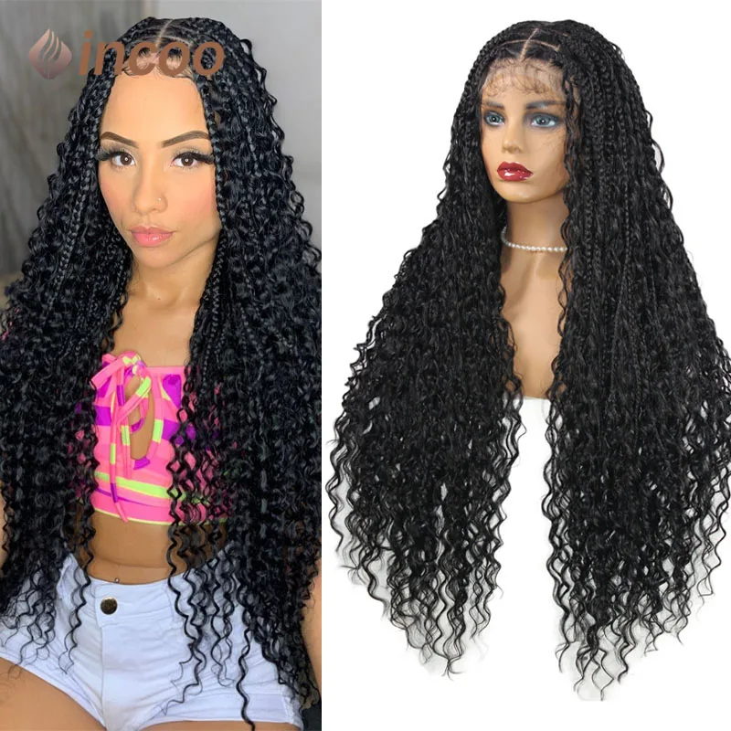 Wig kepang kotak renda penuh 32 ", Wig kepang Bohemian bordir rambut bayi untuk wanita warna hitam, dewi tanpa simpul dengan rambut ikal