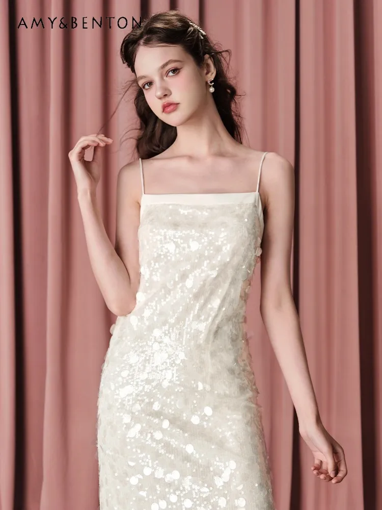 

2025 Summer Women's Exquisite Heavy-duty Mermaid Sequin Dress H-shaped Mid-length Sling White Slim High-waisted Dress
