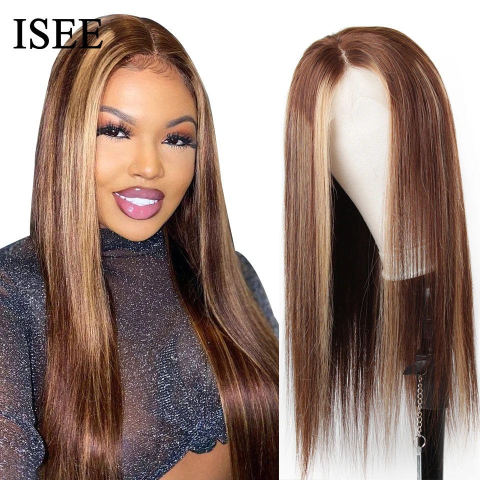 ISEE HAIR Brazilian Straight Highlight Wig Human Hair Wigs 4/27 Ombre 13x4 Lace Front Human Hair Wigs Lace Closure Wigs Colored