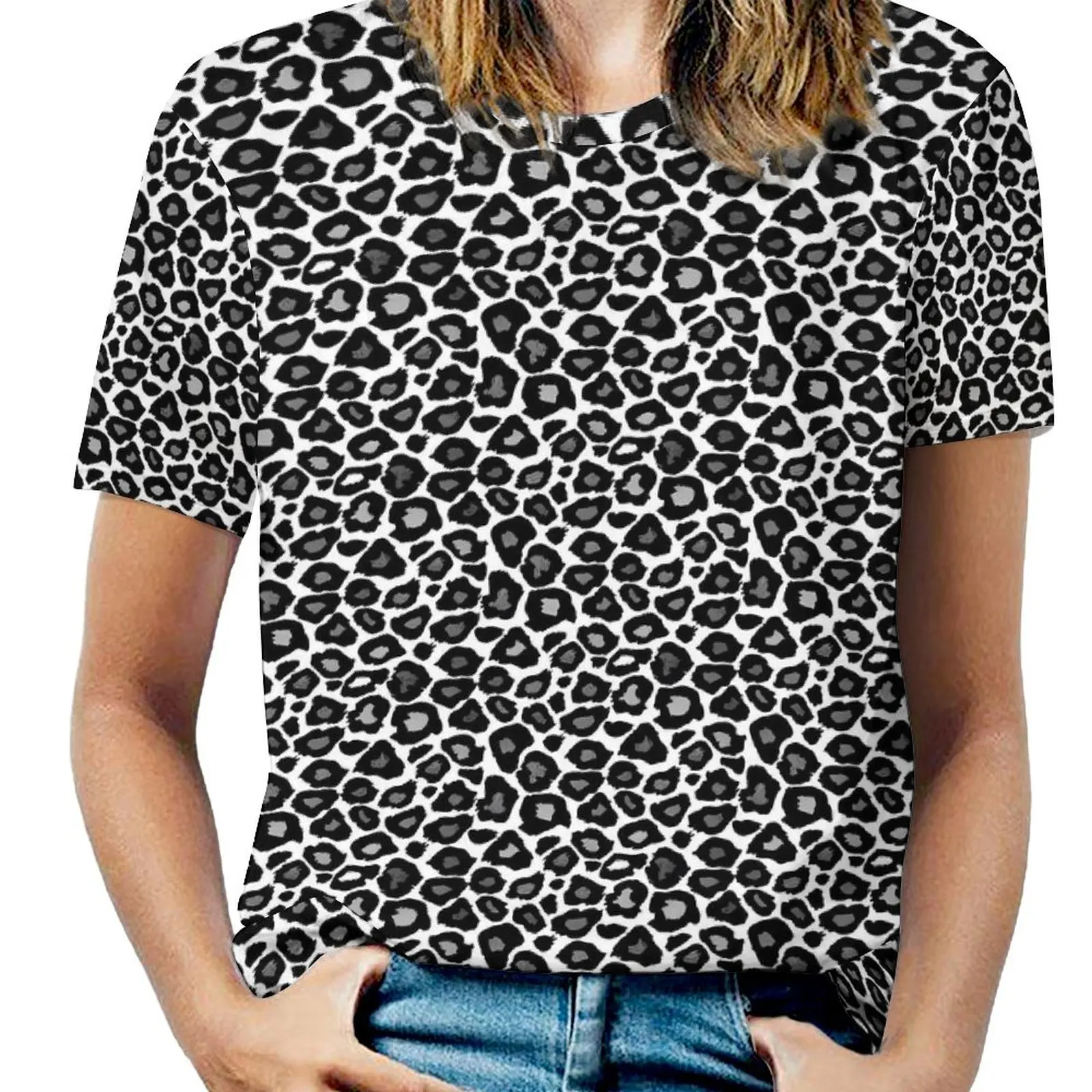 

Beach Black And White Leopard T-Shirts Animal Print Casual T Shirt Women Short Sleeve Hip Hop Oversize Tees Graphic Clothes Gift