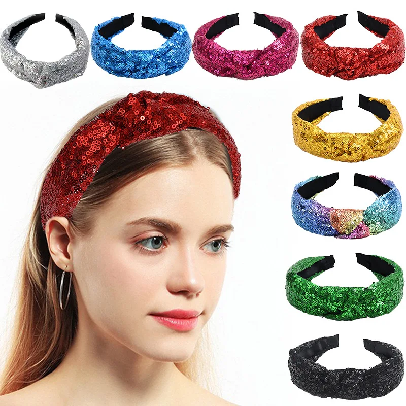 

Simple Knotted Cross-Over Bow Hairband with Colorful Sequins – Elegant Fabric Hair Accessory for Women