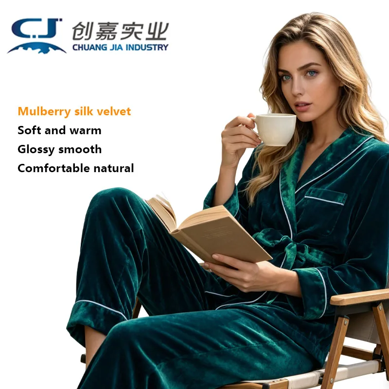 100% Silk Velvet Women's Suit Navy Blue Silk Long Sleeve Trousers Lacing Up Pajamas Loose Comfortable Casual Home Wear