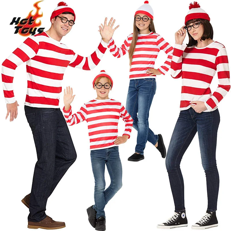 Wheres Waldo Striped Shirt Youth Kids Boys Wally Costume Shirt Glasses and Hat Socks Unisex Adults Carnival Cosplay Costume