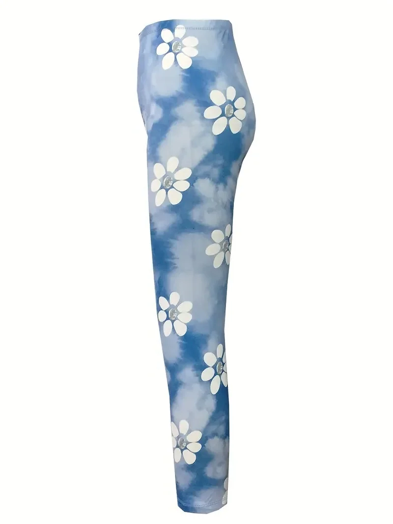 Floral  print stretch slim elastic waist tight casual leggings capri pants women