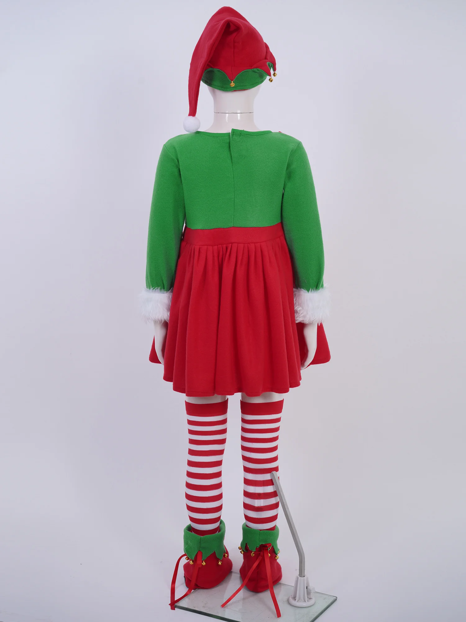 4Pcs Kids Girls Christmas Elf in Charge Costume Cute Elf Cosplay Costume Dress with Hat Shoes Cover and Stripe Stockings Outfits