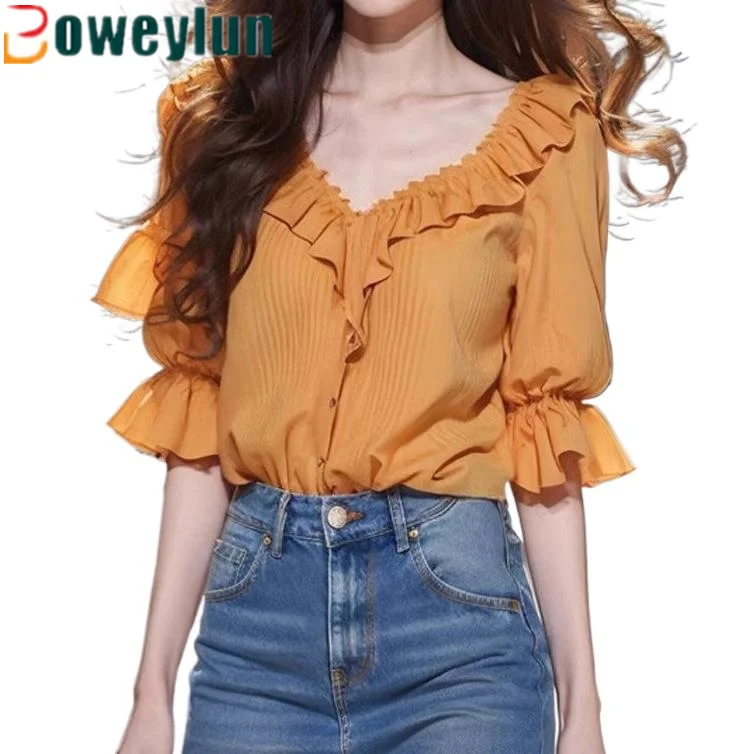 

Boweylun French Style Ruffled V-neck Short-sleeved Shirt Girls Summer Flared Sleeves Solid Mid-sleeve Cardigan Tops Women