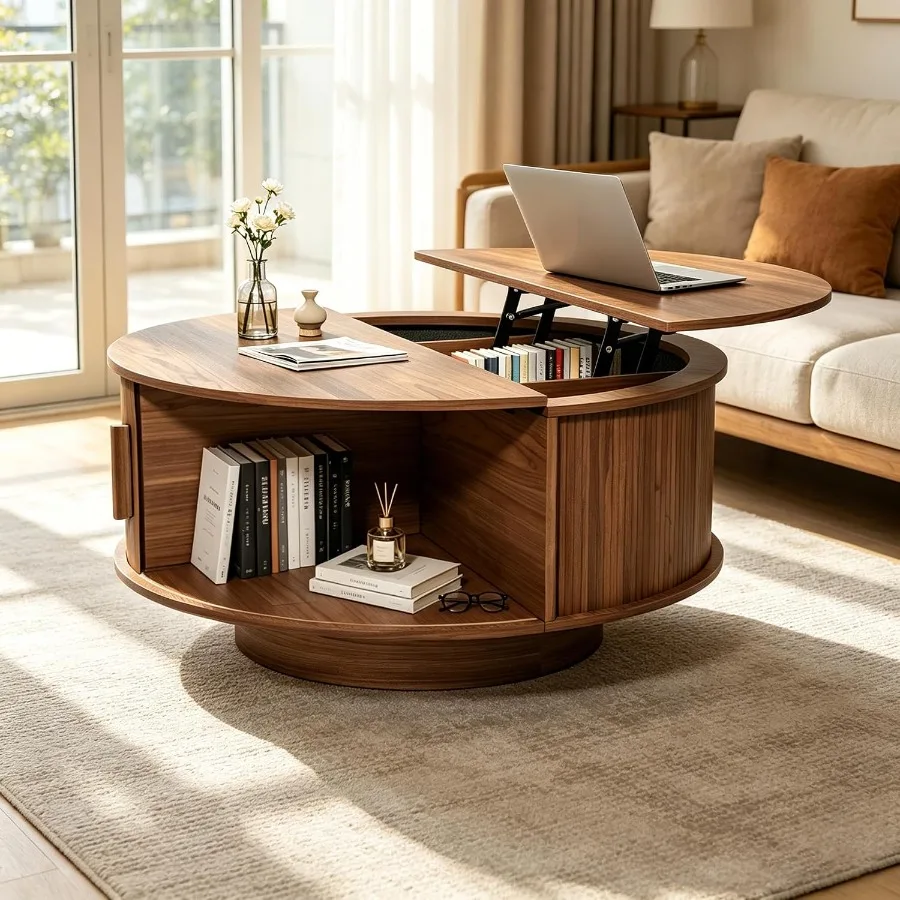 Lift Top Coffee Table for Living Room, Solid Wood with Fluted Circle Design, Walnut Finish, Adjustable Height and Hidden Storag