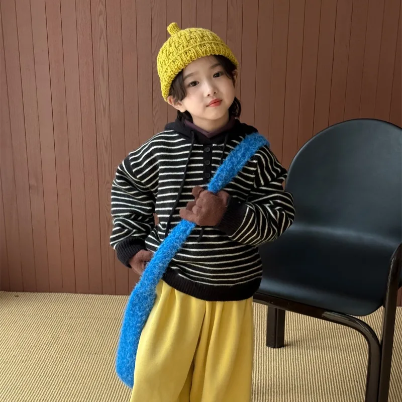 

Boys Sweater 2025 Autumn Winter Korean Style Fashion Trendy Striped Thick Warm Versatile Long Sleeve Hooded Sweater