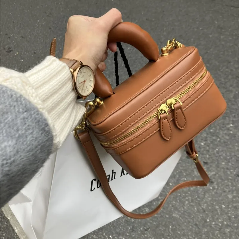 

JIAERDI Korean Style Mini Box Handbag Women Brown Zipper Leather Shoulder Bags Ladies Vintage Unique Fashion Sle Crossbody Bag