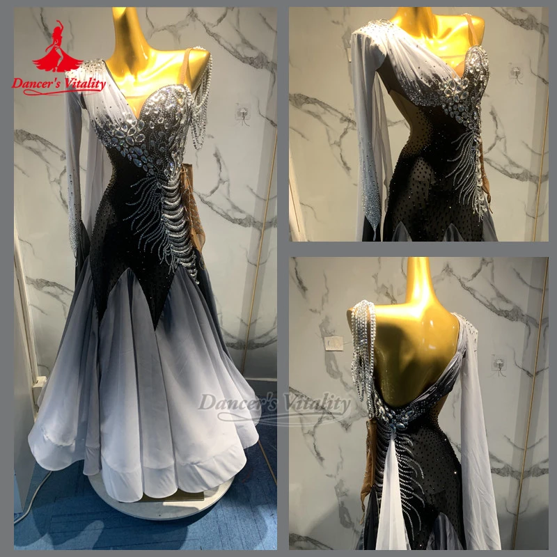 Black-White Gradient Color Adult Social Dance Unilateral Sleeve Perform&Contest Dress Custom Waltz Clothing Dancer's Vitality