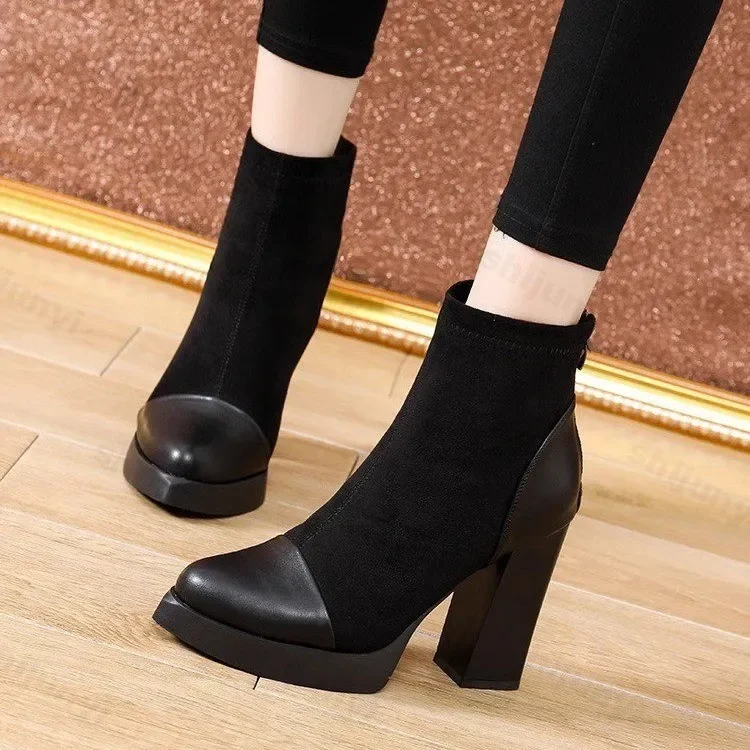 Square Heel Ankle Boots Autumn New Comfort Soft Leather High Heel Boots Women's Fashion Pointed Zipper Temperament Women's Shoes