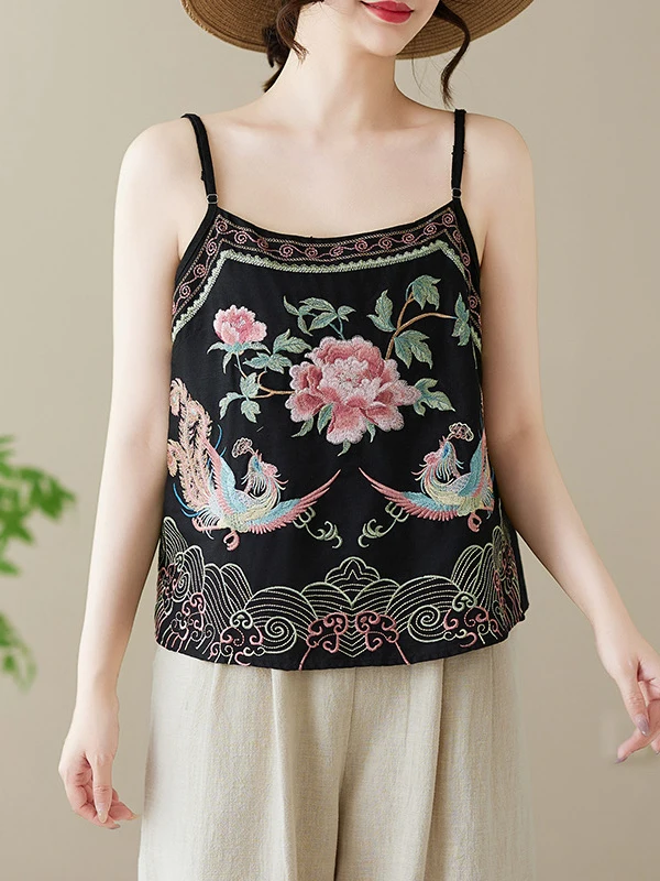 Summer 2025 New Retro Embroidered Flower Cotton Linen Camisole Women's Base Shirt Inner Wear Adjustable Strap Top Commute Style