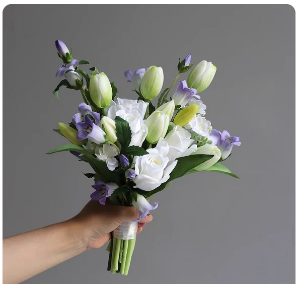Purple wind chimes holding flowers for the bride's wedding photography simulation bouquet home table with silk flower decorative