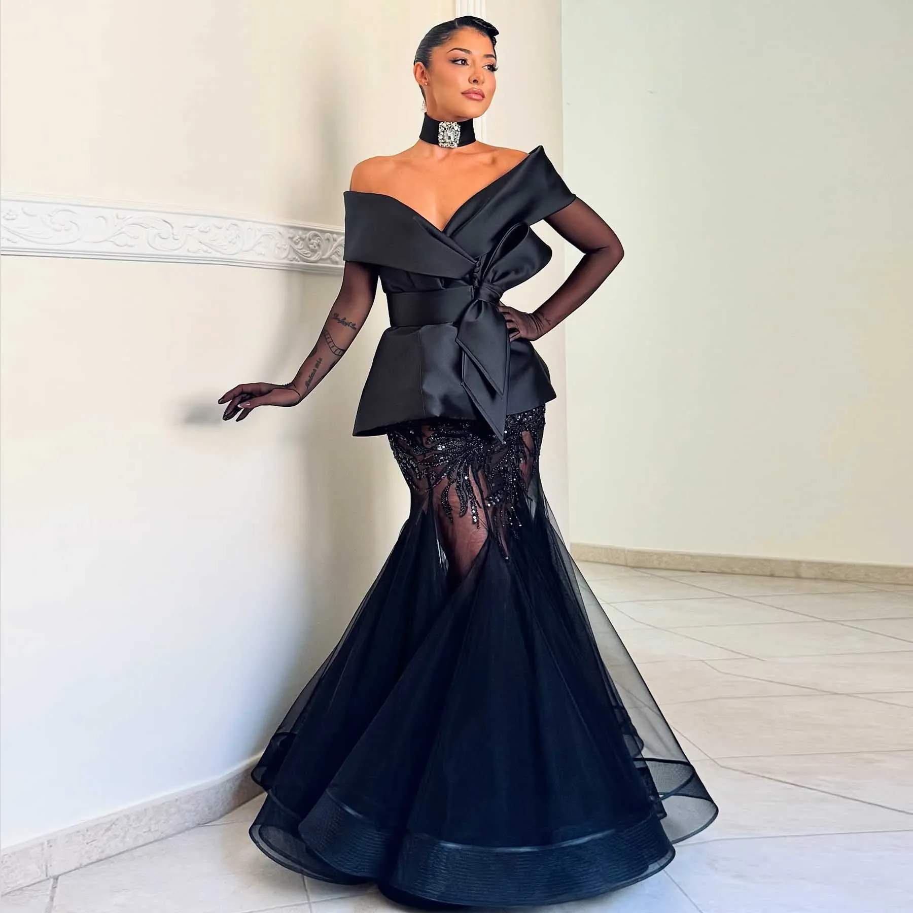 Modest Black Long Evening Dresses Off the Shoulder Beaded Tulle Women Outfit Formal Dress Mermaid Prom Dresses فساتين سه