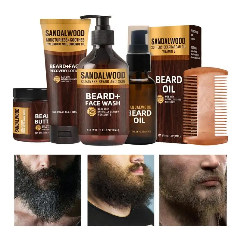 5 pezzi Set per la cura della barba uomo olio per barba baffi crescita dei capelli pettine per la cura della barba, olio per barba, detergente per barba da 200ml, crema per barba, idratante